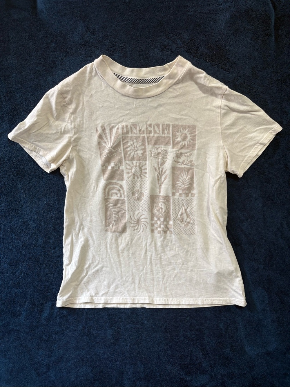 Volcom White Short Sleeve Tee with Beige Graphic Panels